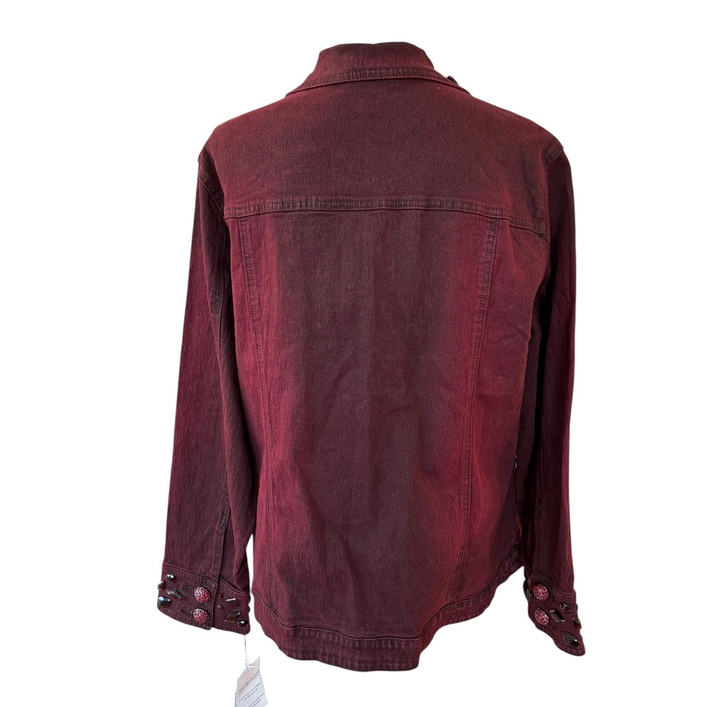 Diane Gilman DG2 Embellished Denim Jacket Burgundy Red Crystal Buttons Size L - Picture 2 of 11